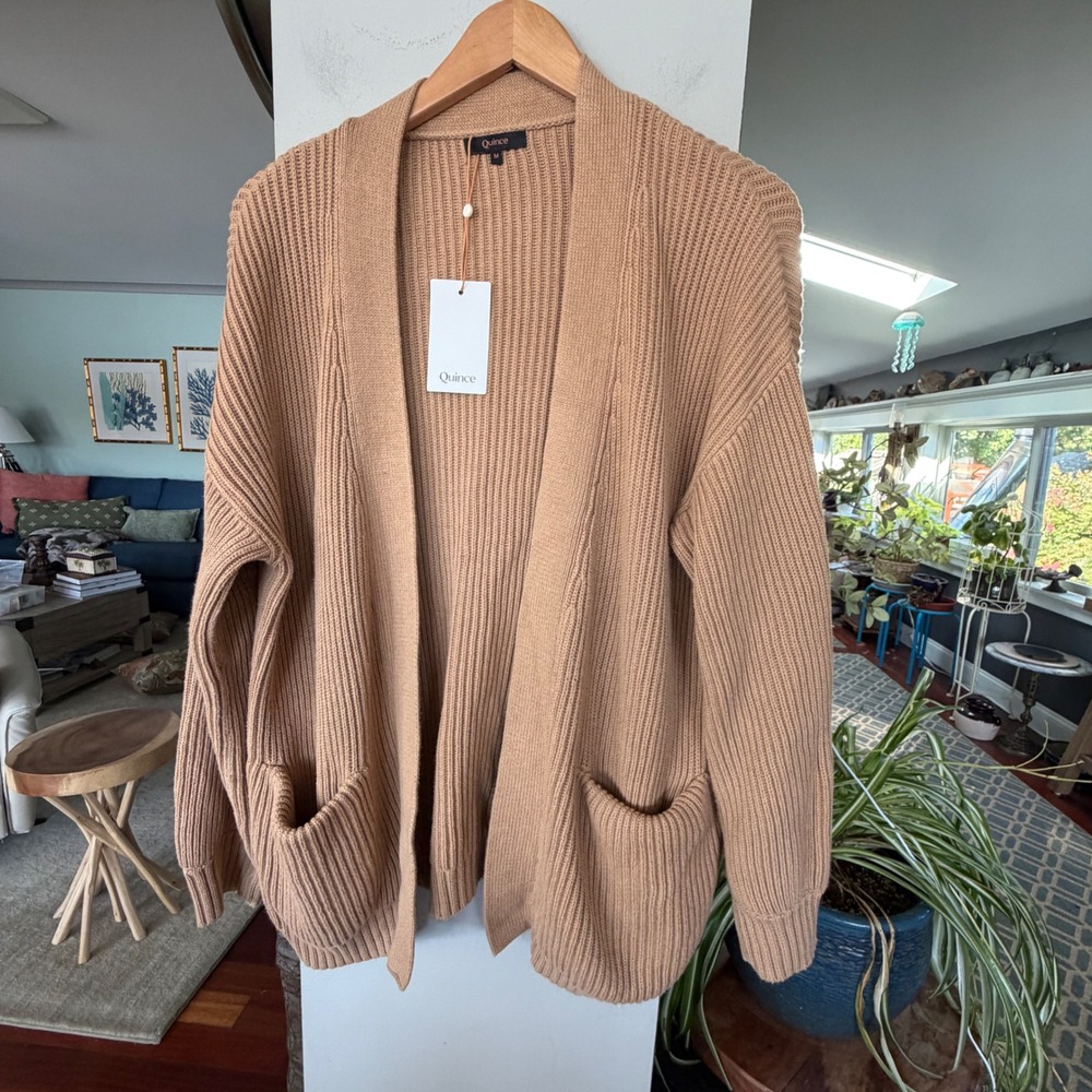 Quince Cardigan Womens Medium Tan Organic Cotton Fisherman Rib Oversized NWT